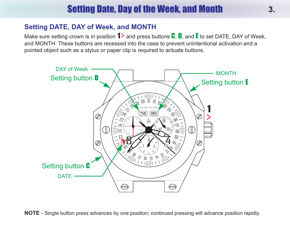 Setting date, day of the week, and month, Setting button c, Setting button d setting button e | Setting date, day of week, and month, C d e | Chase-Durer Conquest Chronograph User Manual | Page 5 / 11
