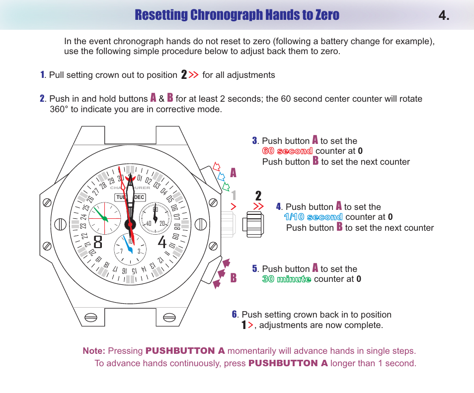 Resetting chronograph hands to zero | Chase-Durer Conquest Chronograph User Manual | Page 6 / 11