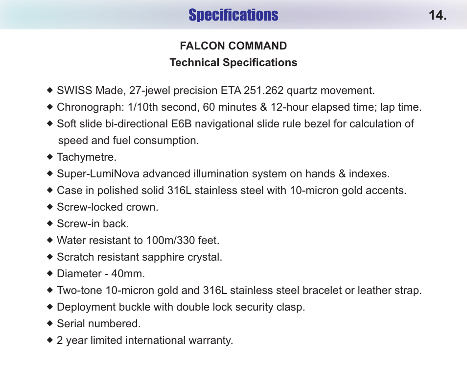 Specifications | Chase-Durer Falcon Command User Manual | Page 16 / 17
