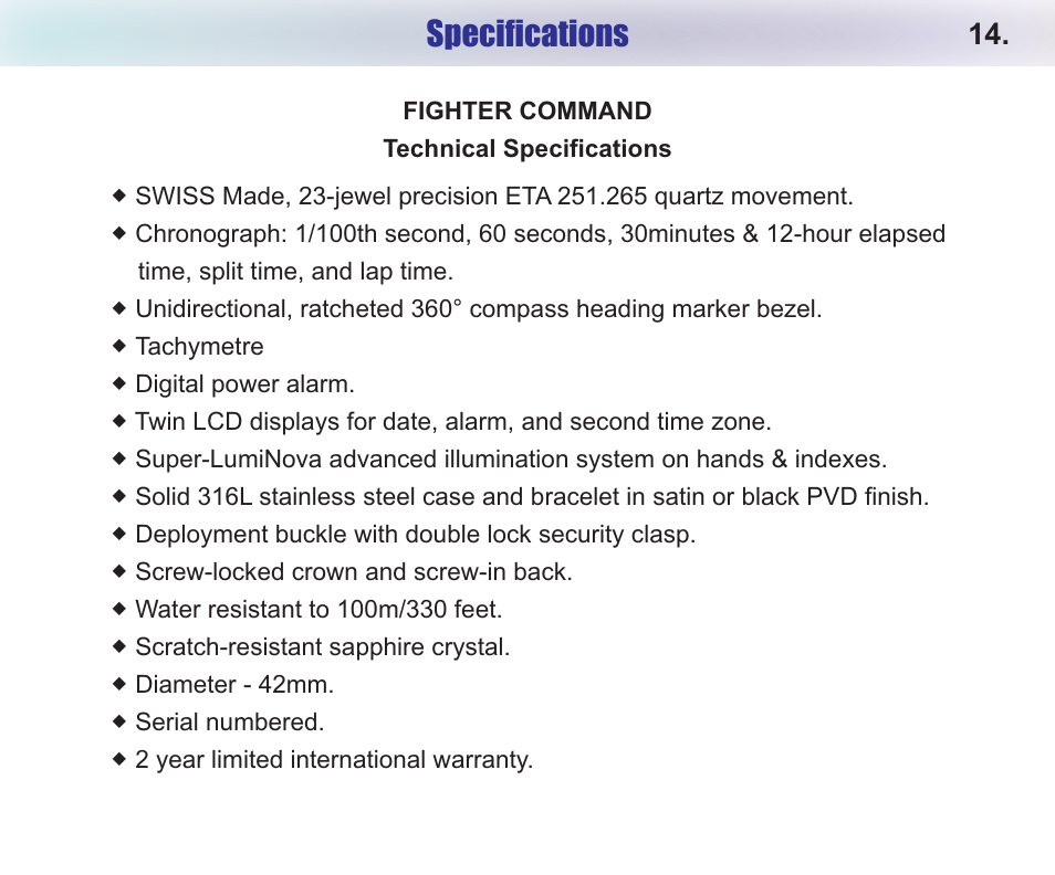 Specifications | Chase-Durer Fighter Command User Manual | Page 16 / 17