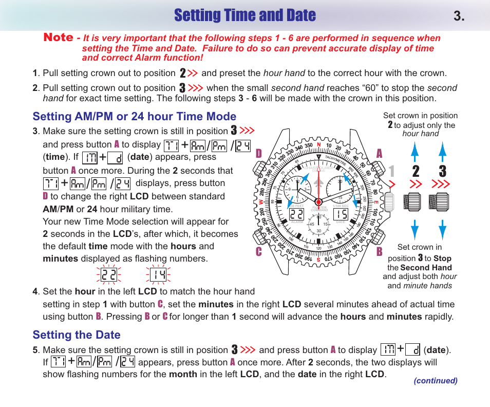 Setting time and date, Ab c, Setting am/pm or 24 hour time mode | Setting the date | Chase-Durer Fighter Command User Manual | Page 5 / 17