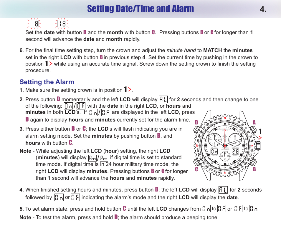 Setting date/time and alarm, Setting the alarm, Bc b c | Chase-Durer Fighter Command User Manual | Page 6 / 17