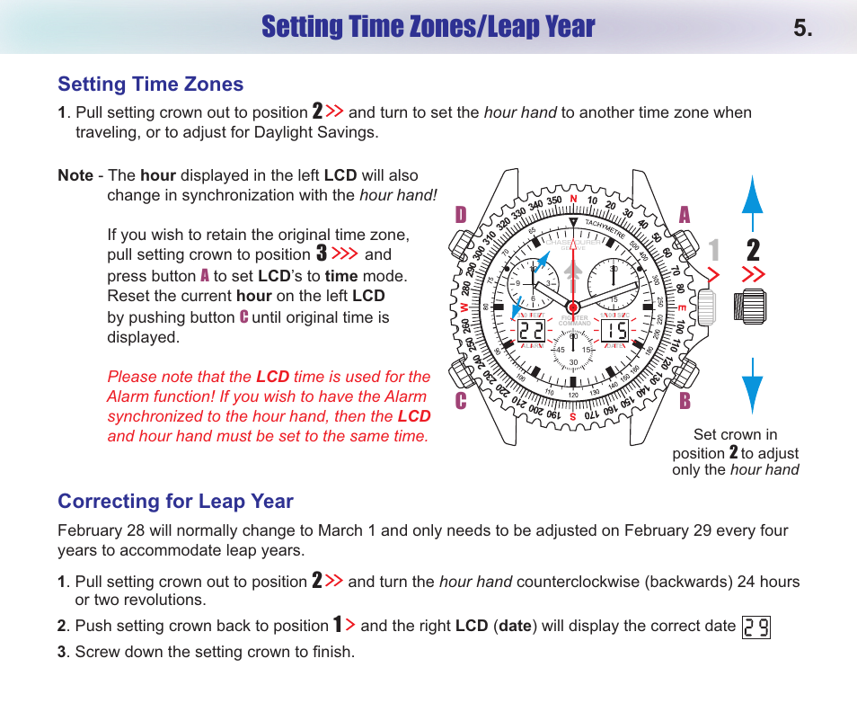 Setting time zones/leap year, Ab d c, Correcting for leap year | Setting time zones | Chase-Durer Fighter Command User Manual | Page 7 / 17