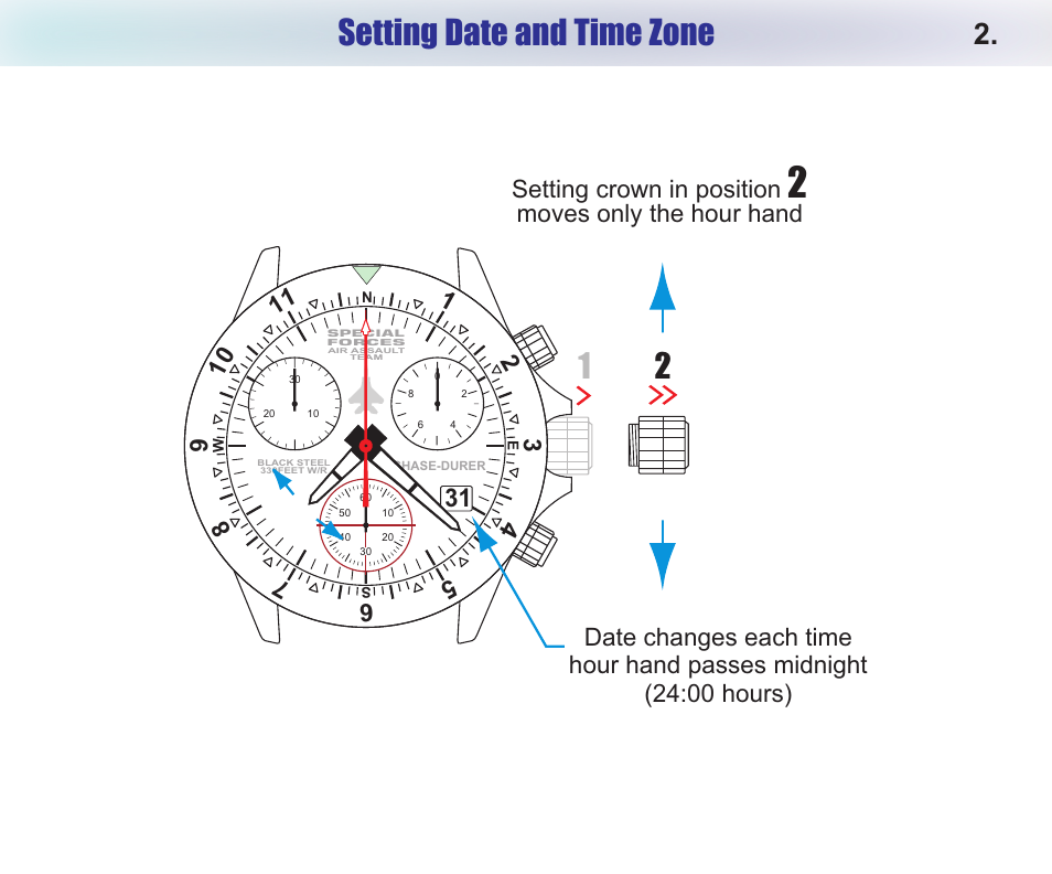 Setting date and time zone, Setting crown in position | Chase-Durer Special Forces Air Assault Team User Manual | Page 4 / 12