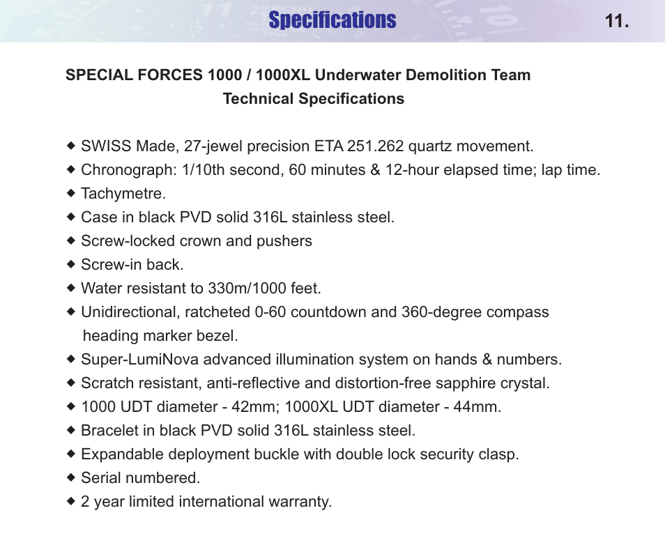 Specifications | Chase-Durer Special Forces 1000XL UDT User Manual | Page 13 / 14