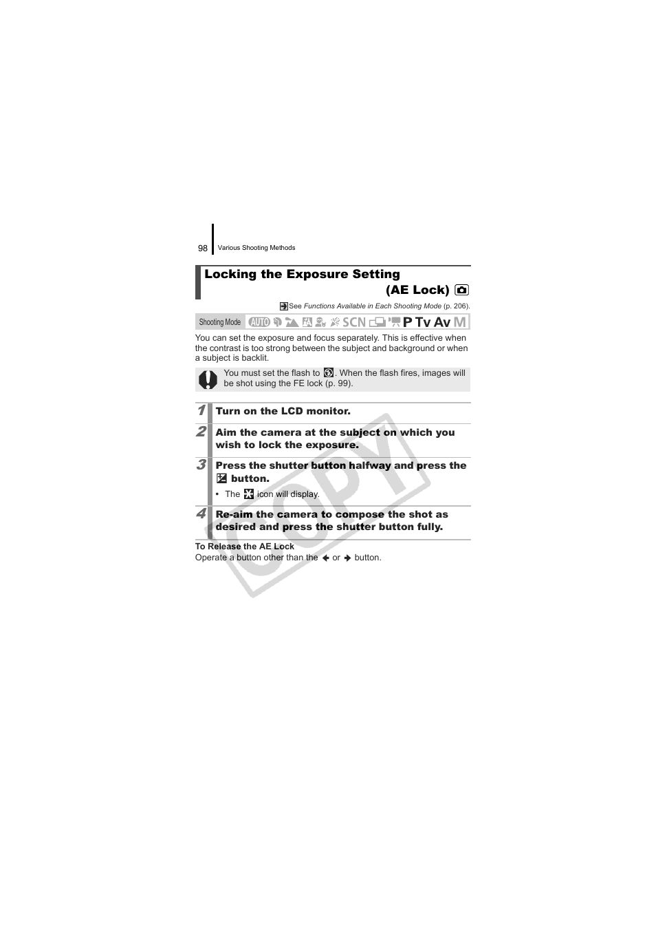 Locking the exposure setting (ae lock) | Canon CDI-E334-010 User Manual | Page 100 / 211