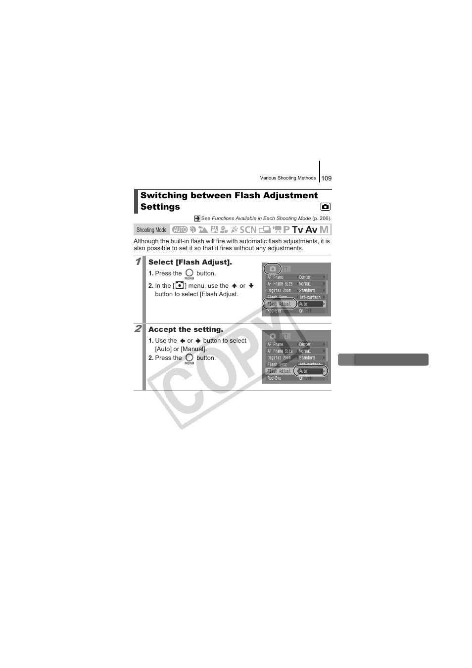 Switching between flash adjustment settings, P. 109 | Canon CDI-E334-010 User Manual | Page 111 / 211