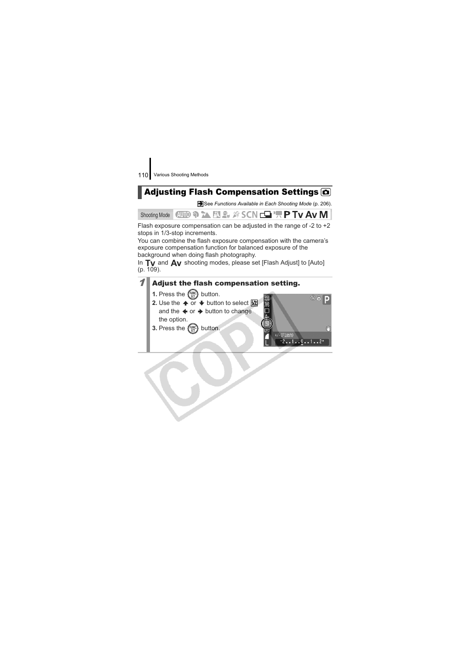 Adjusting flash compensation settings, P. 110 | Canon CDI-E334-010 User Manual | Page 112 / 211