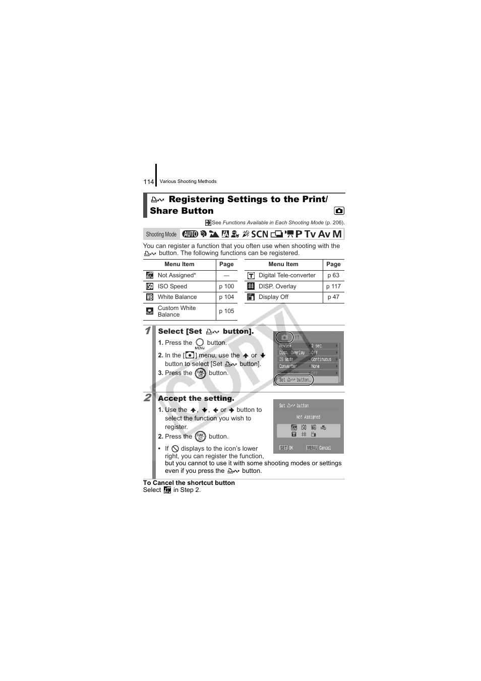 Registering settings to the print/share button, P. 114, Registering settings to the print/ share button | Canon CDI-E334-010 User Manual | Page 116 / 211