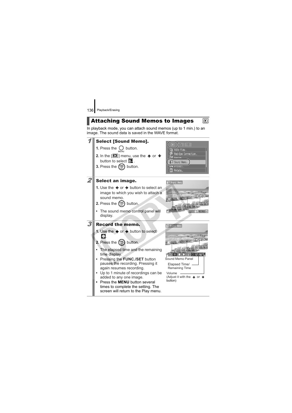 Attaching sound memos to images, P. 136 | Canon CDI-E334-010 User Manual | Page 138 / 211