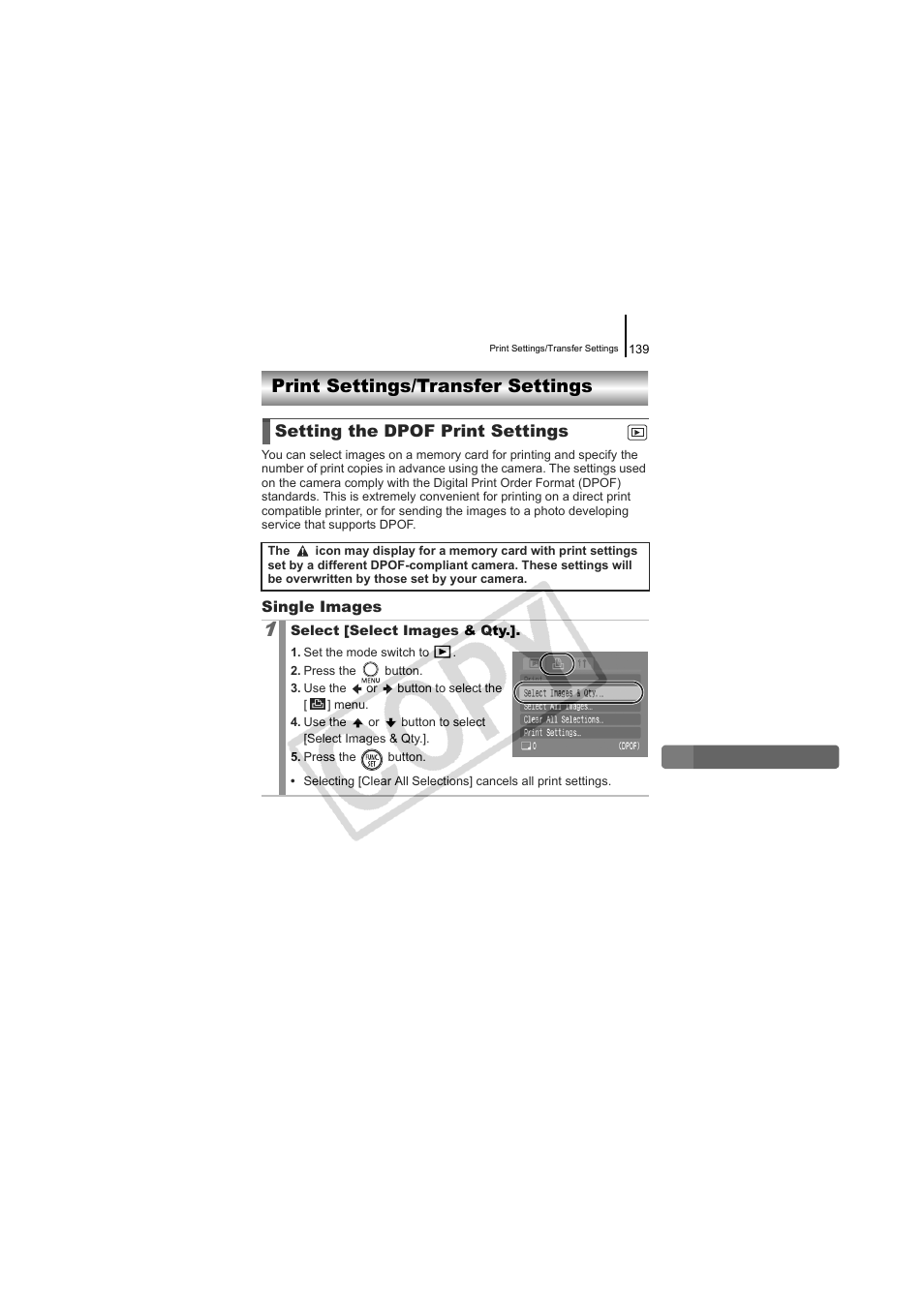 Print settings/transfer settings, Setting the dpof print settings, P. 139 | Canon CDI-E334-010 User Manual | Page 141 / 211