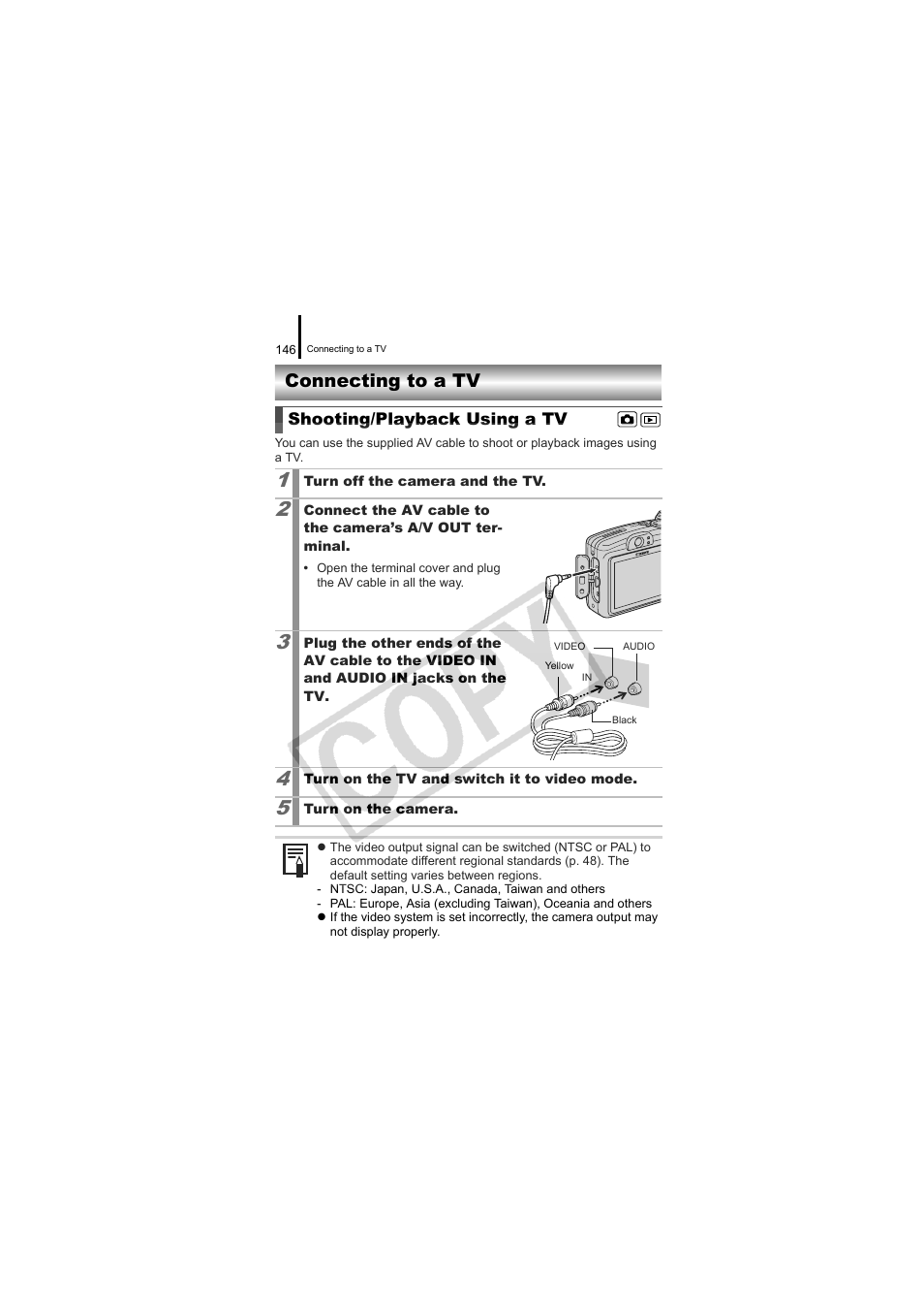 Connecting to a tv, Shooting/playback using a tv, Erminal (p. 146) | Canon CDI-E334-010 User Manual | Page 148 / 211