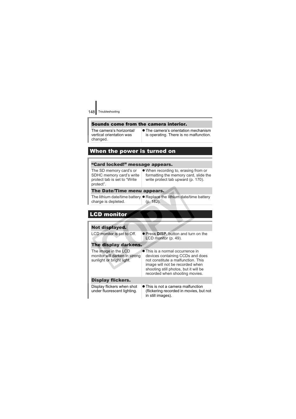 When the power is turned on (p. 148), Lcd monitor (p. 148), When the power is turned on | Lcd monitor | Canon CDI-E334-010 User Manual | Page 150 / 211