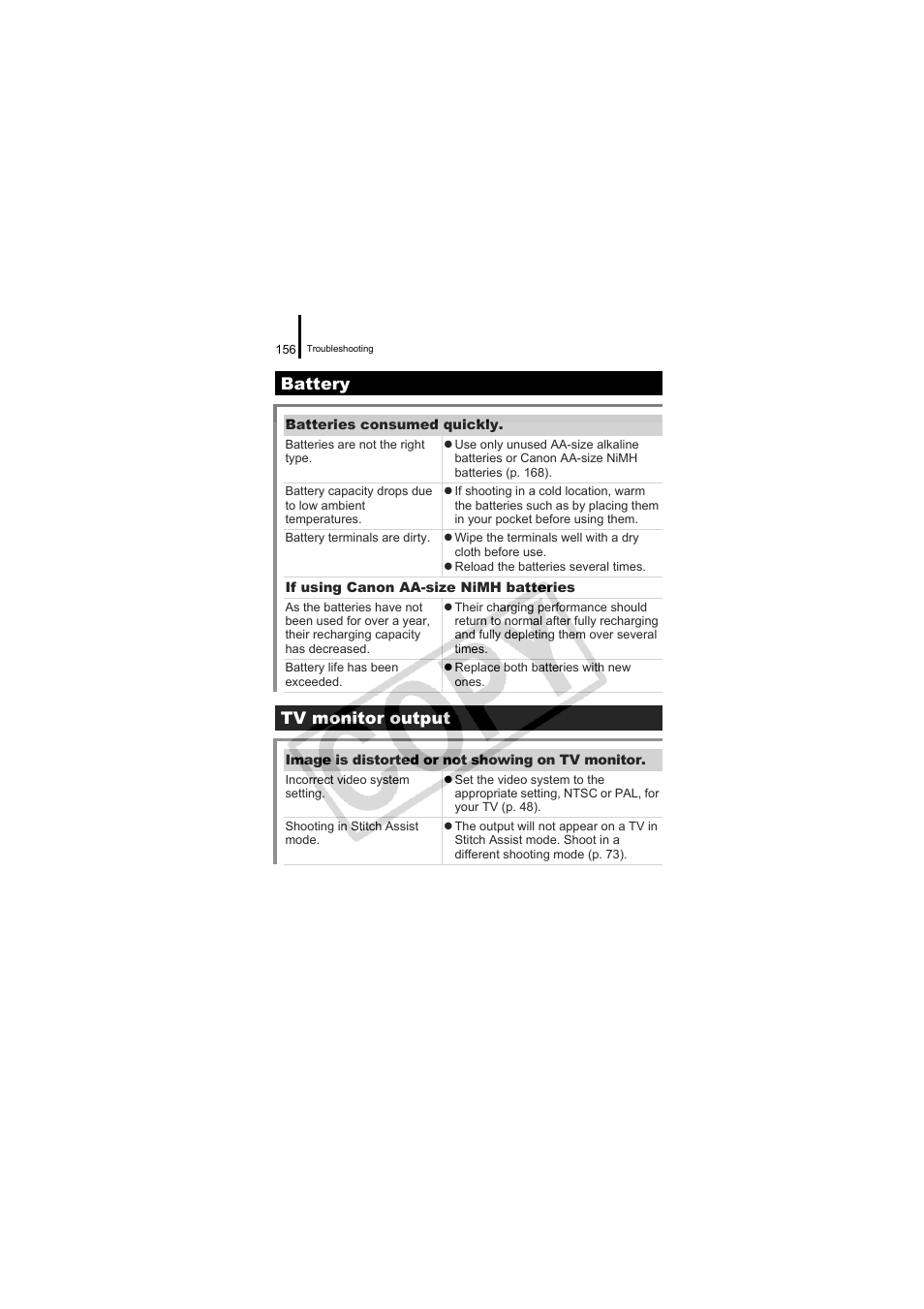 Battery (p. 156), Tv monitor output (p. 156), Battery | Tv monitor output | Canon CDI-E334-010 User Manual | Page 158 / 211