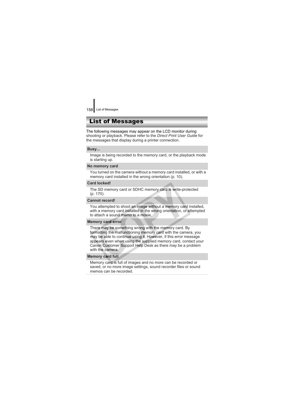 List of messages | Canon CDI-E334-010 User Manual | Page 160 / 211