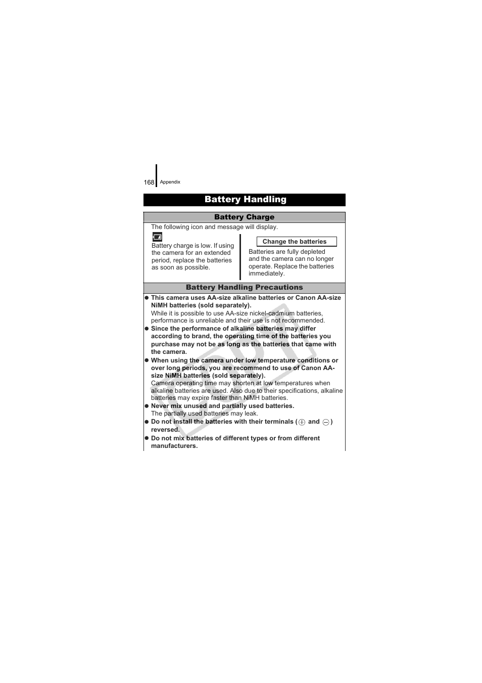 Battery handling, Batteries (p. 168), P. 168) | Canon CDI-E334-010 User Manual | Page 170 / 211