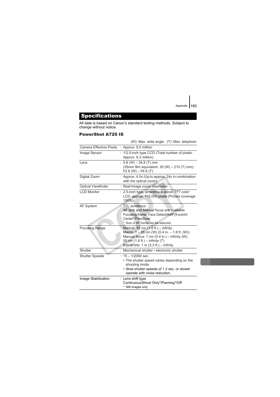 Specifications, Focusing distance (p. 185) | Canon CDI-E334-010 User Manual | Page 187 / 211