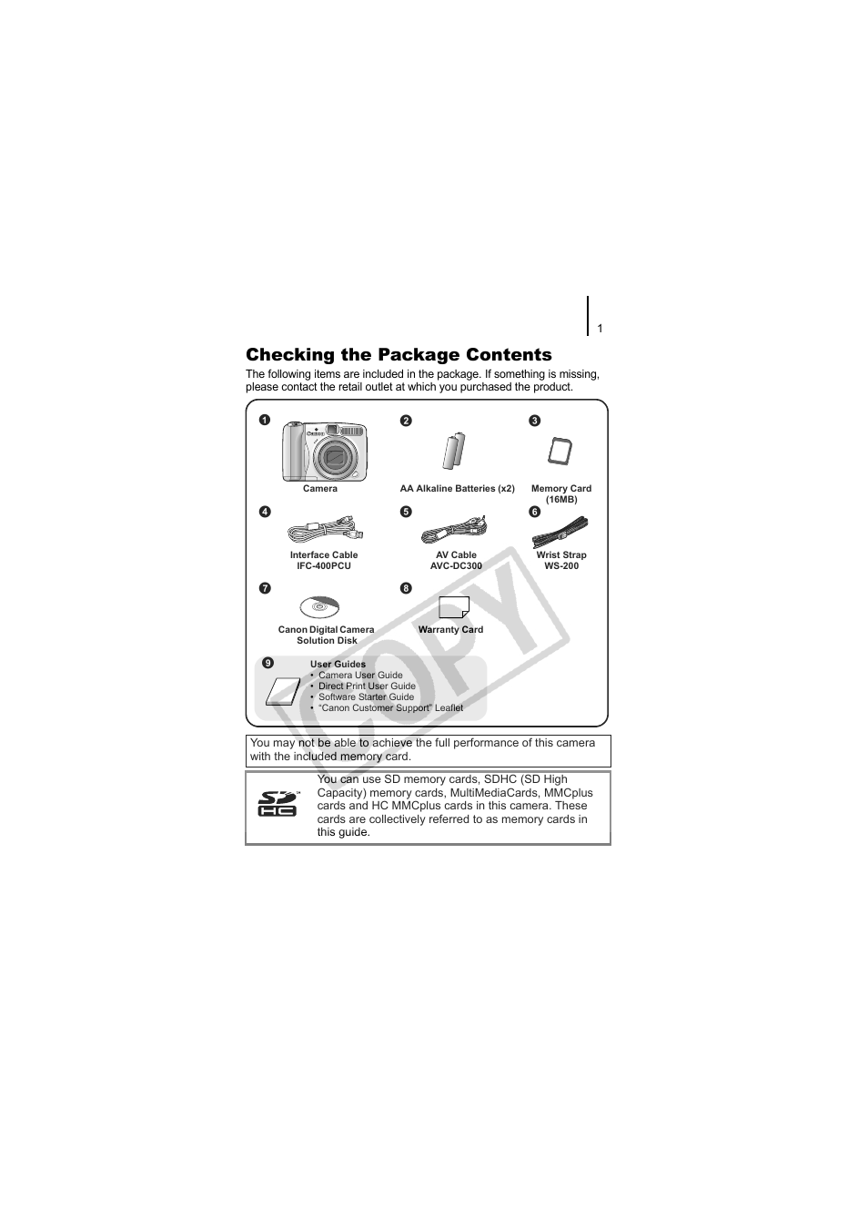 Checking the package contents | Canon CDI-E334-010 User Manual | Page 3 / 211