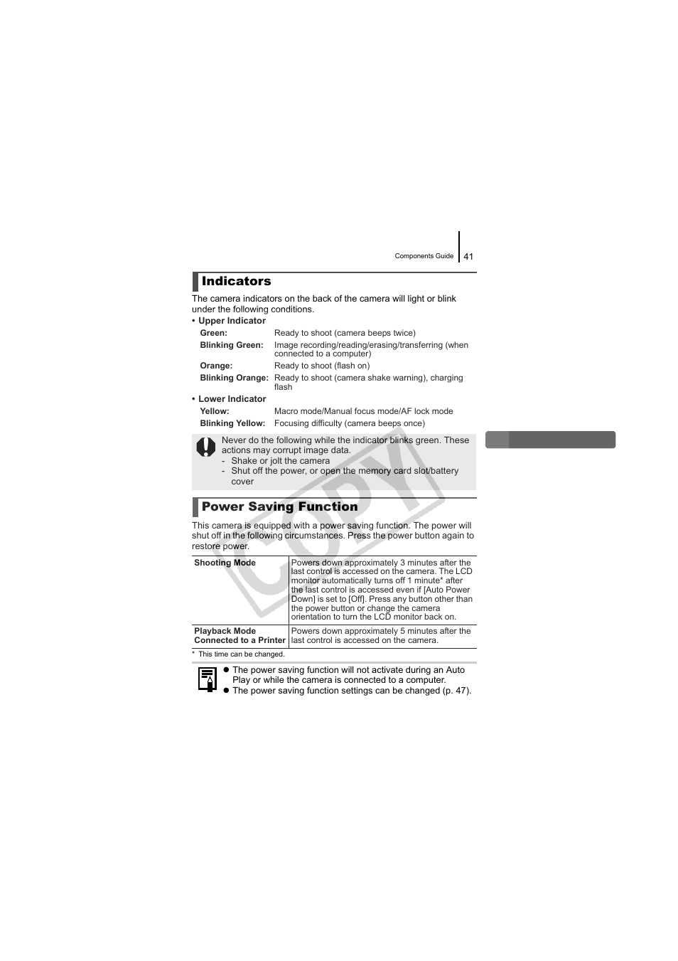 Indicators power saving function, Indicators (p. 41), Indicators | Power saving function | Canon CDI-E334-010 User Manual | Page 43 / 211