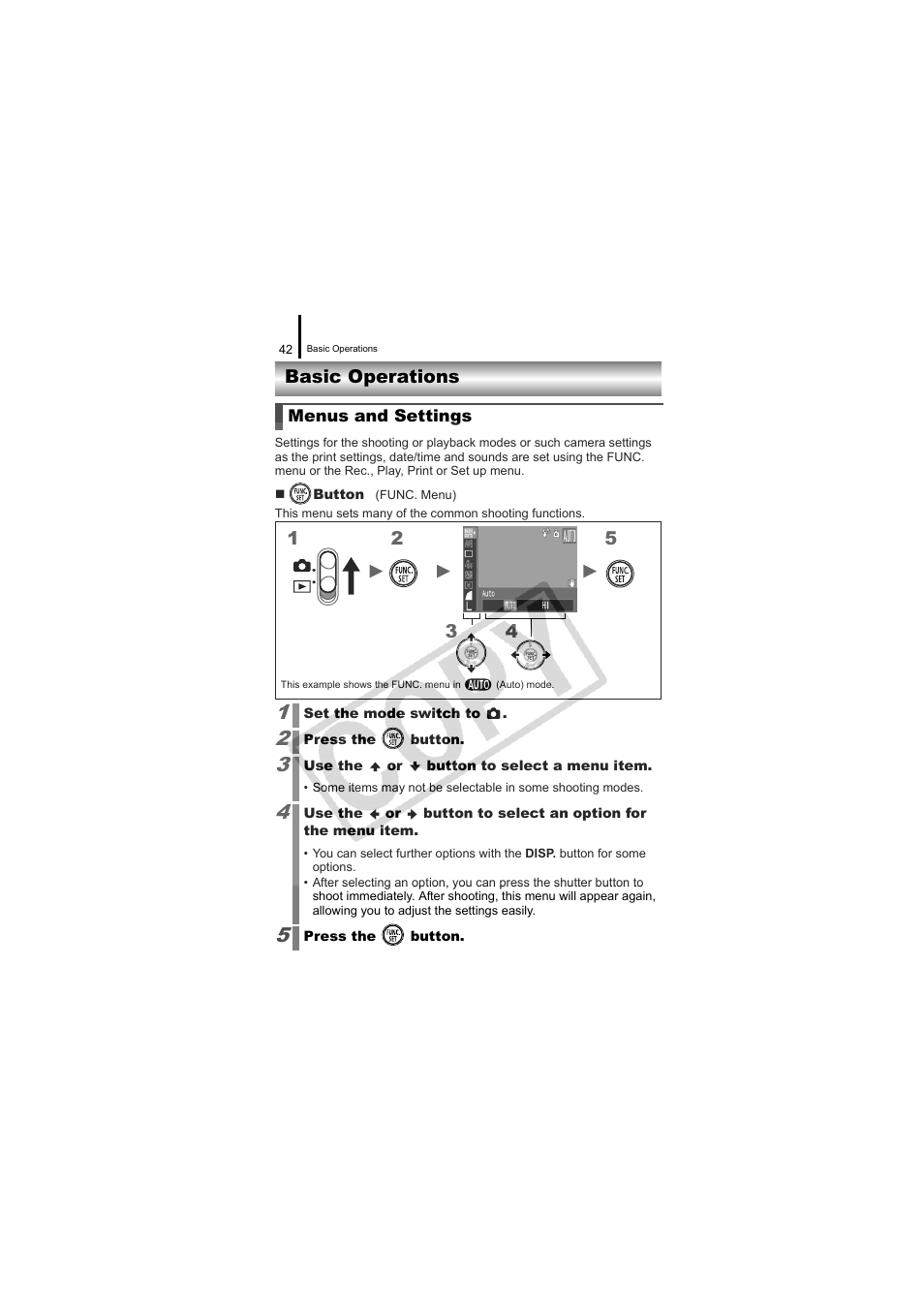 Basic operations, Menus and settings menus and default settings, Button (p. 42) | Canon CDI-E334-010 User Manual | Page 44 / 211