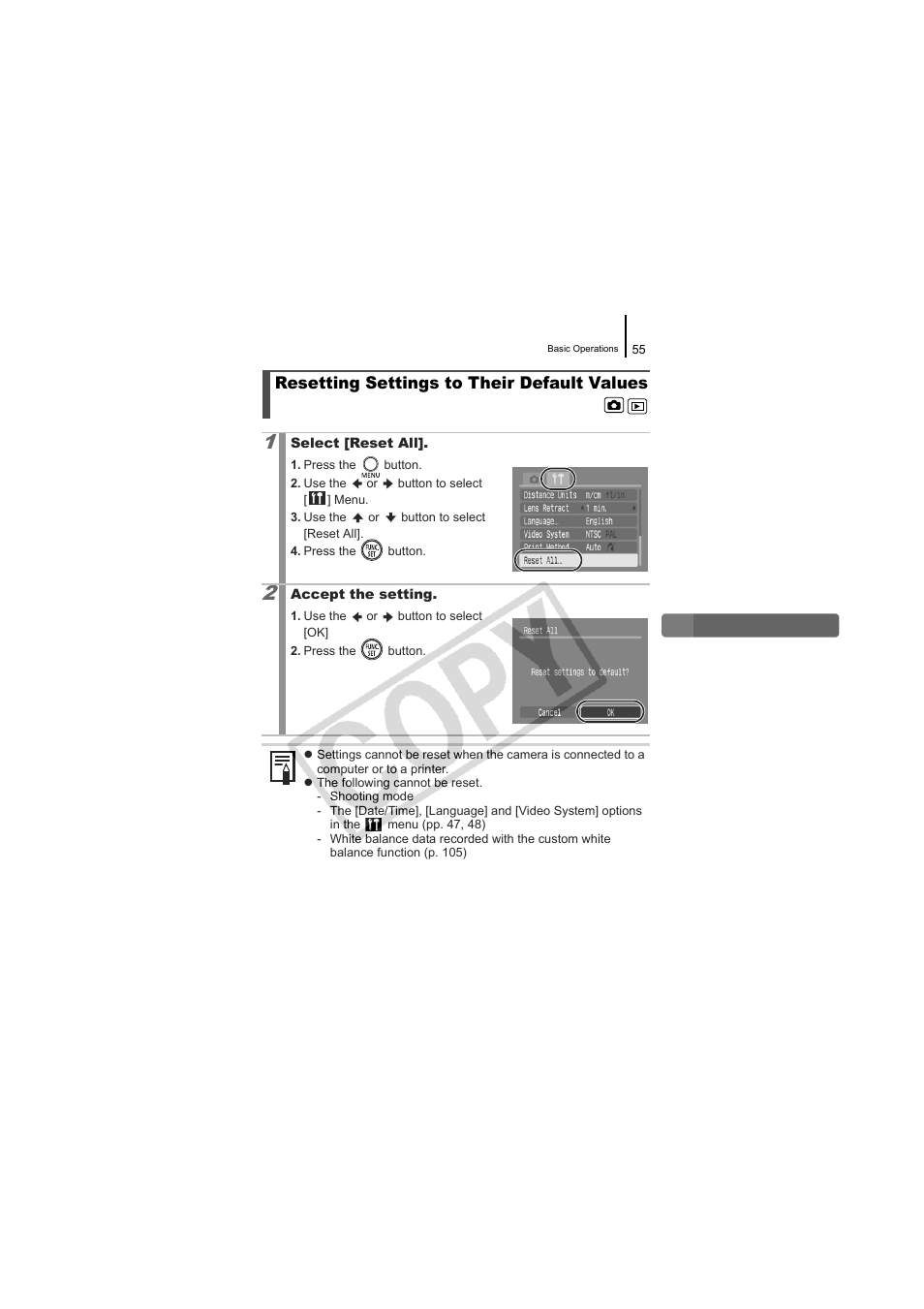 Resetting settings to their default values | Canon CDI-E334-010 User Manual | Page 57 / 211