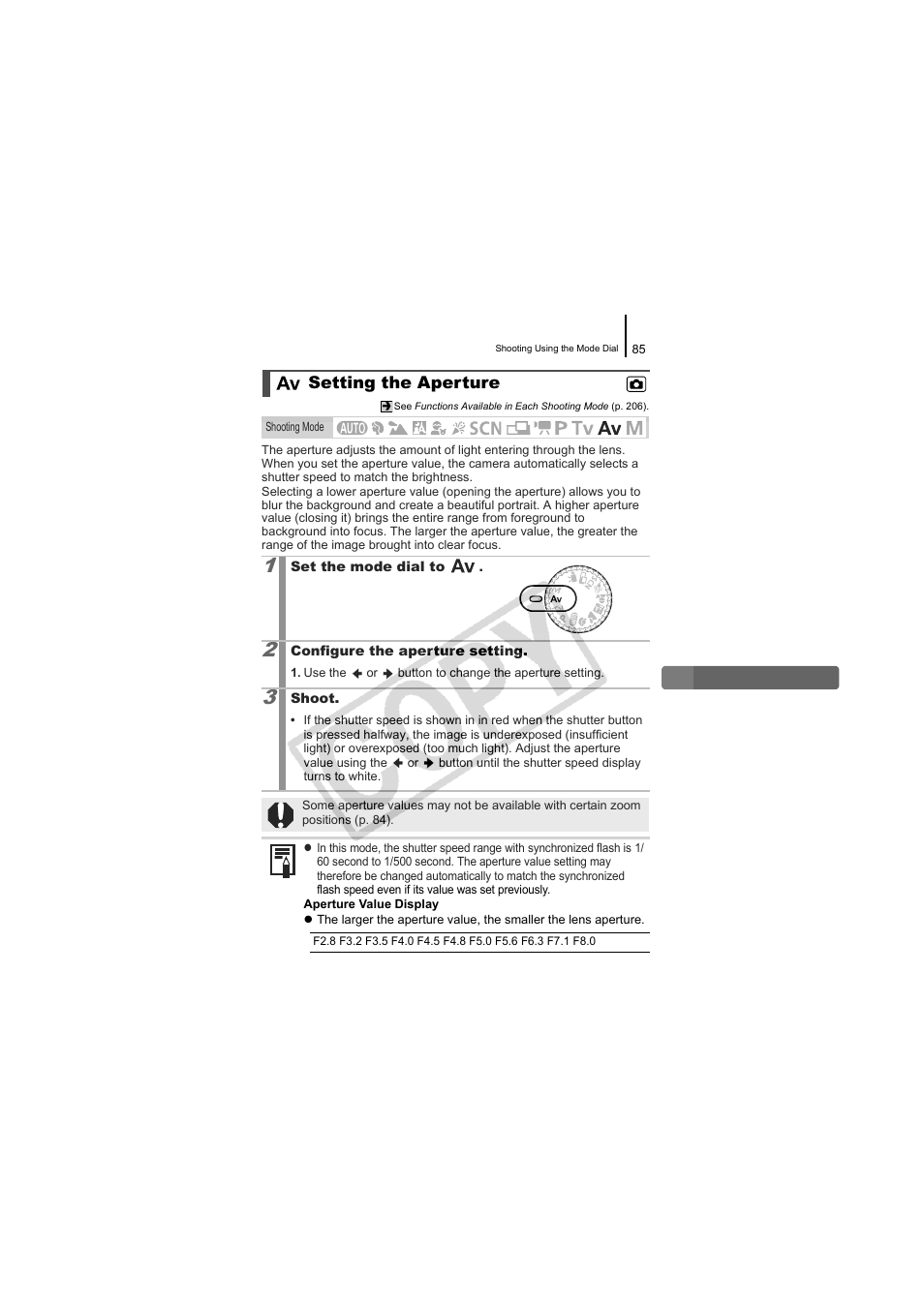 Setting the aperture, Setting the aperture (p. 85) | Canon CDI-E334-010 User Manual | Page 87 / 211