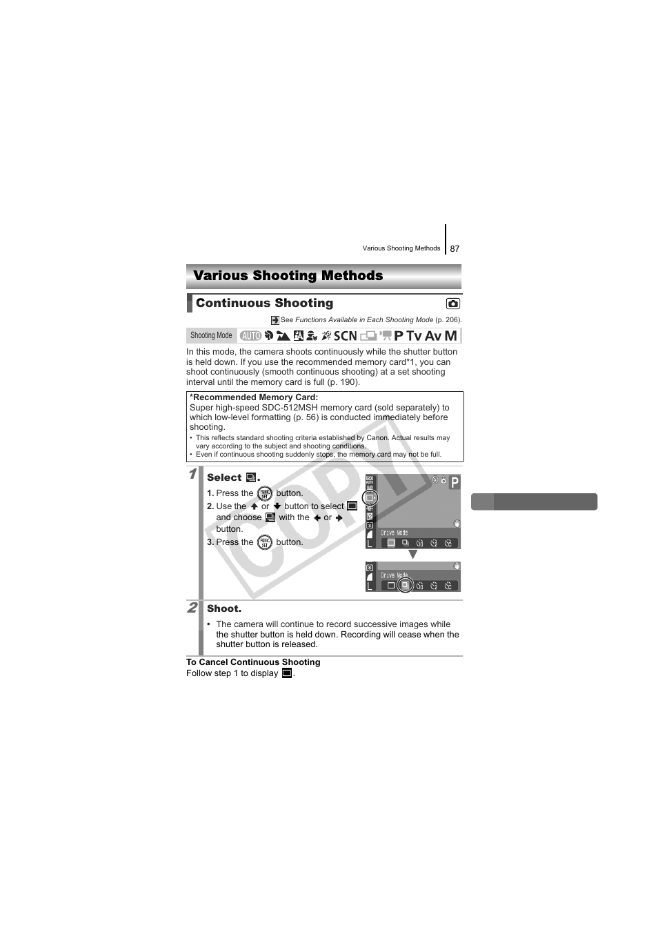 Various shooting methods, Continuous shooting, P. 87 | Canon CDI-E334-010 User Manual | Page 89 / 211