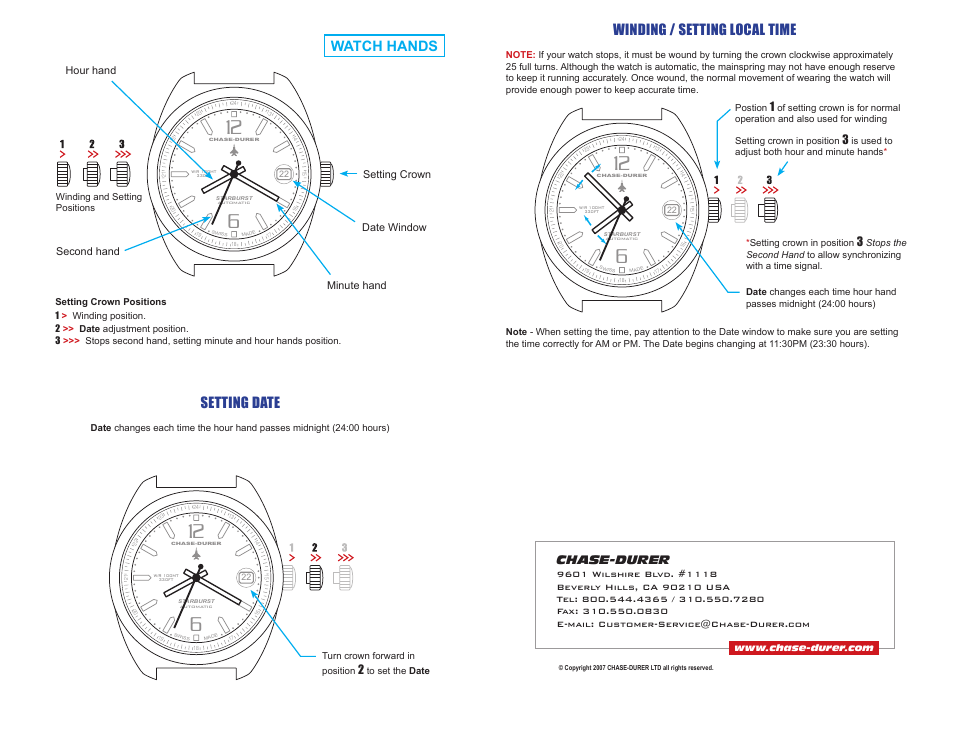 Setting date, Winding / setting local time, Watch hands | Chase-durer | Chase-Durer Starburst User Manual | Page 2 / 2