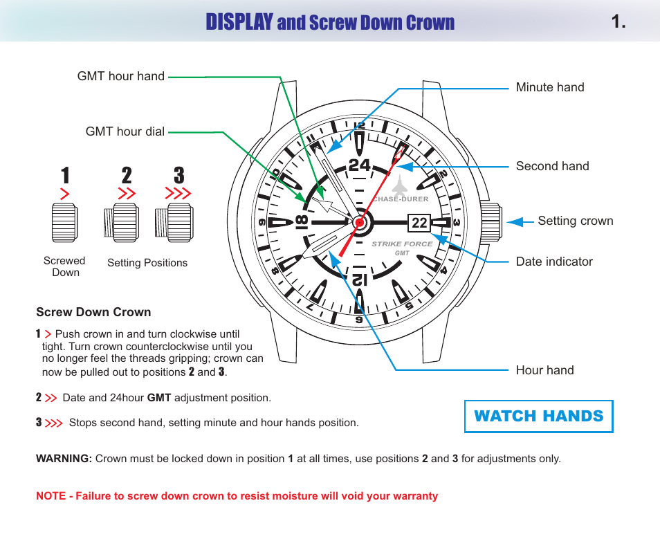 Display, And screw down crown, L2 l8 24 | Watch hands | Chase-Durer Strike Force GMT User Manual | Page 3 / 7