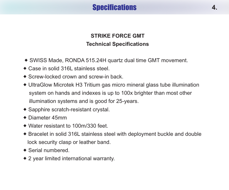 Specifications | Chase-Durer Strike Force GMT User Manual | Page 6 / 7