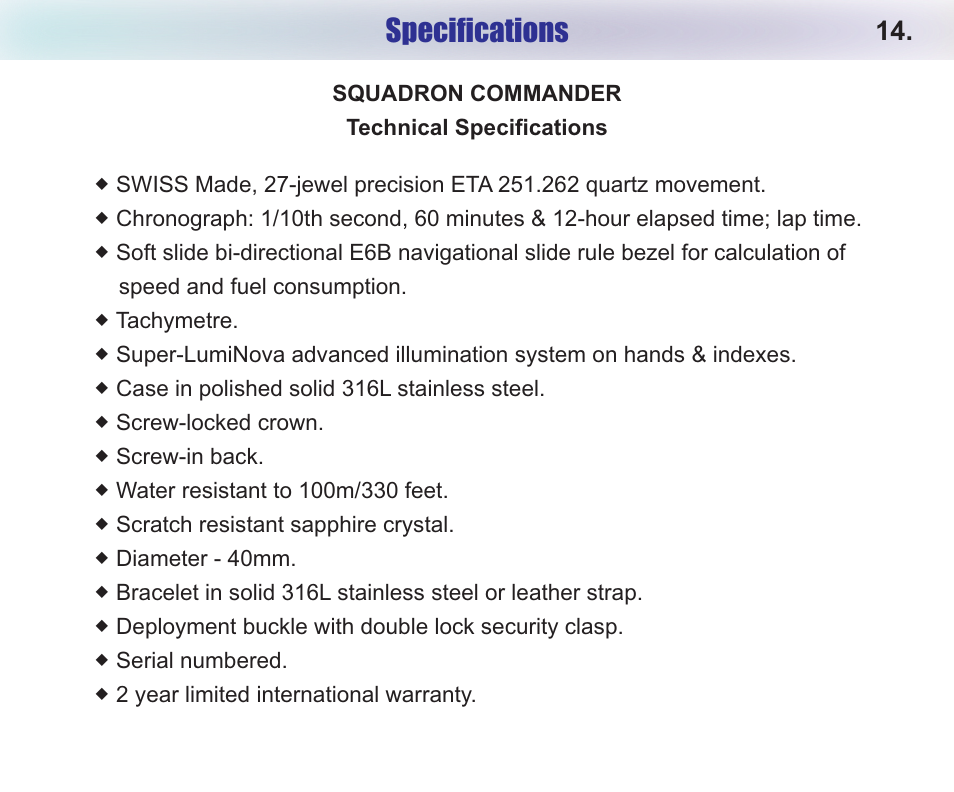 Specifications | Chase-Durer Squadron Commander User Manual | Page 16 / 17