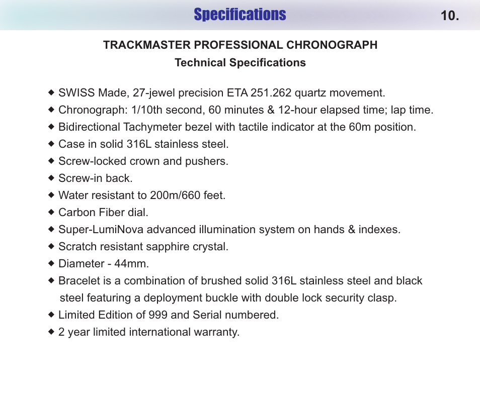 Specifications | Chase-Durer Trackmaster Pro User Manual | Page 12 / 13