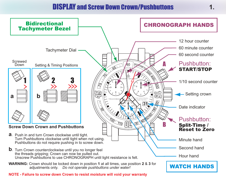 Display, And screw down crown/pushbuttons, Ab pushbutton | Pushbutton, Chronograph hands watch hands, Bidirectional tachymeter bezel, Start/stop, Split-time / reset to zero | Chase-Durer Trackmaster Pro User Manual | Page 3 / 13