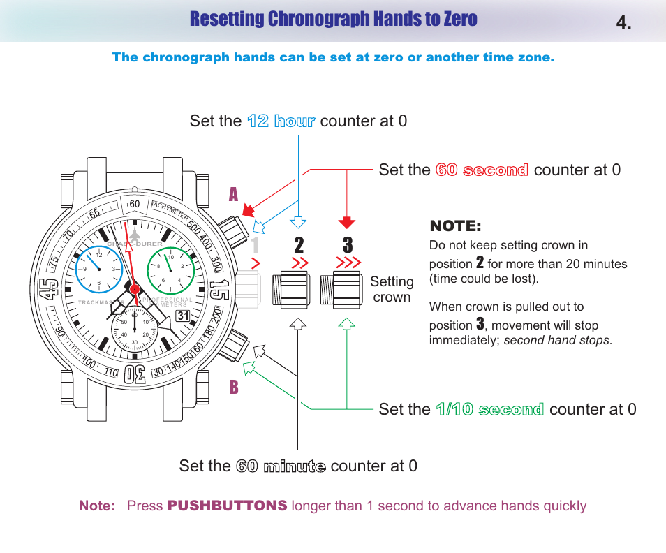 Resetting chronograph hands to zero, Setting crown | Chase-Durer Trackmaster Pro User Manual | Page 6 / 13