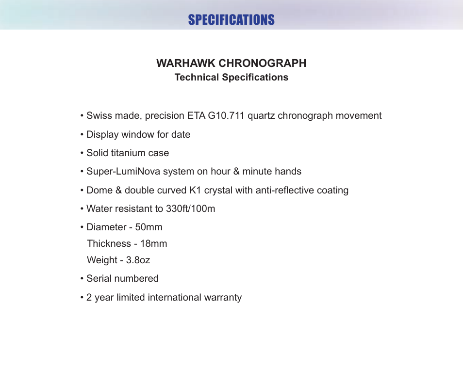 Specifications | Chase-Durer Warhawk User Manual | Page 2 / 12