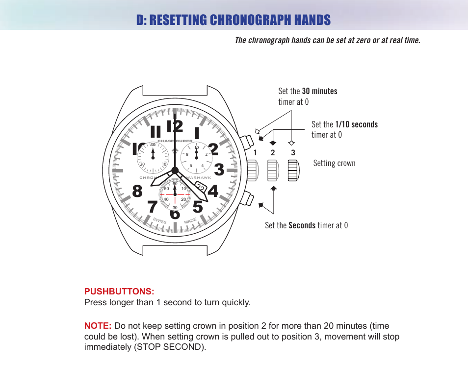 D: resetting chronograph hands | Chase-Durer Warhawk User Manual | Page 7 / 12