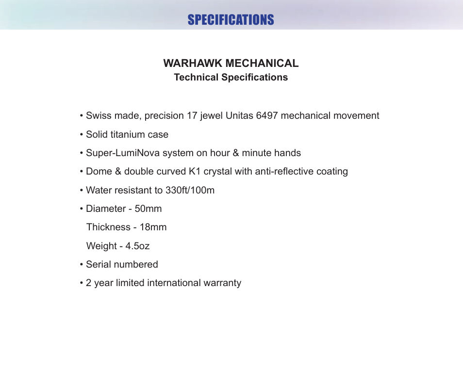 Specifications | Chase-Durer Warhawk User Manual | Page 9 / 12