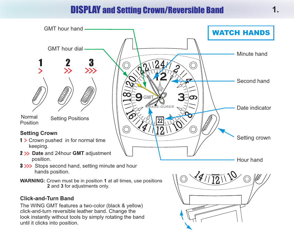 Display, And setting crown/reversible band | Chase-Durer Wing GMT User Manual | Page 3 / 7