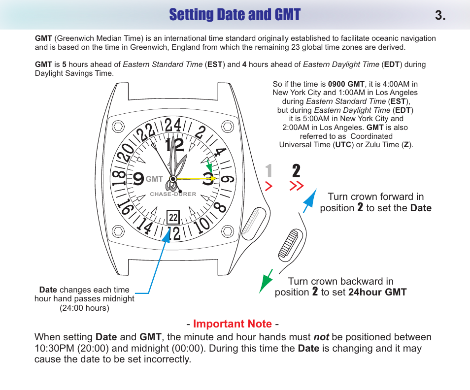 Setting date and gmt | Chase-Durer Wing GMT User Manual | Page 5 / 7