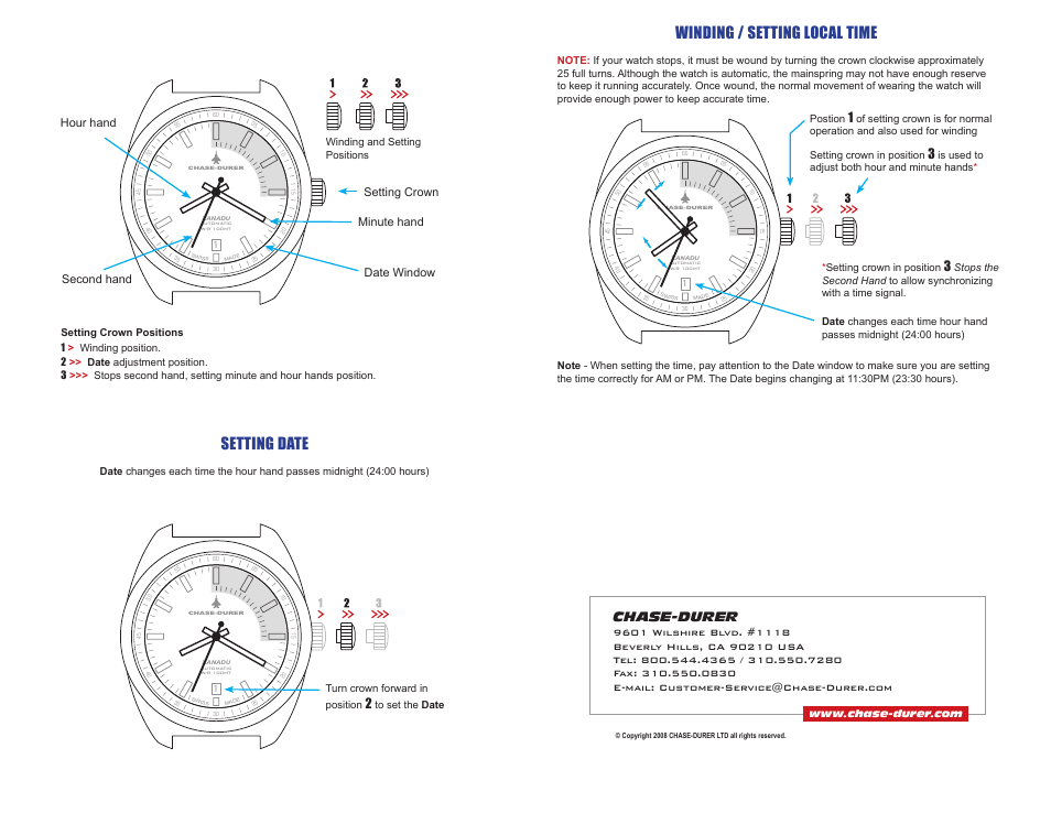 Setting date, Winding / setting local time, Chase-durer | Chase-Durer Xanadu User Manual | Page 2 / 2