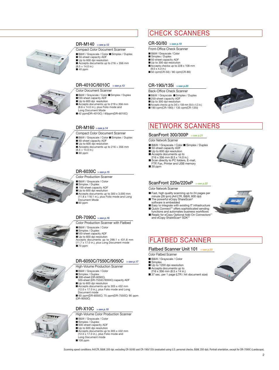 Check scanners, Network scanners, Flatbed scanner | Dr-7090c, Dr-6030c, Cr-50/80, Flatbed scanner unit 101, Dr-m140, Dr-x10c, Dr-m160 | Canon DR-2050C User Manual | Page 3 / 26