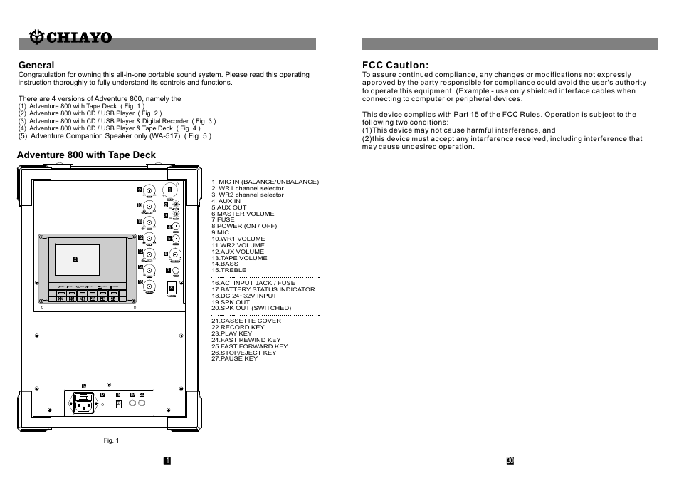 頁面 2, General, Fcc caution | Adventure 800 with tape deck | CHIAYO ADVENTURE 800 User Manual | Page 2 / 16