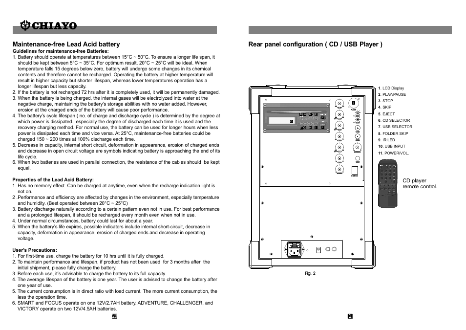 頁面 3, Rear panel configuration ( cd / usb player ), Maintenance-free lead acid battery | CHIAYO ADVENTURE 800 User Manual | Page 3 / 16