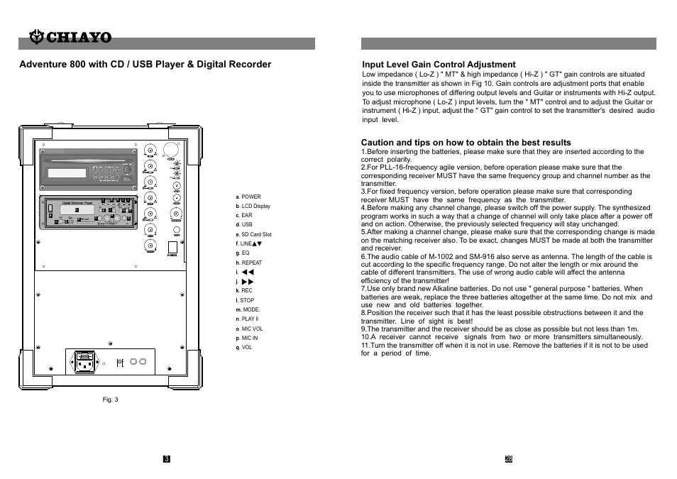 頁面 4, Vo/m3 del. mode, Caution and tips on how to obtain the best results | Input level gain control adjustment | CHIAYO ADVENTURE 800 User Manual | Page 4 / 16