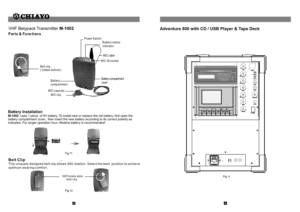 頁面 5, Adventure 800 with cd / usb player & tape deck, Vhf belypack transmitter m-1002 | Belt clip, Battery installation, Par ts & fu nc tion s | CHIAYO ADVENTURE 800 User Manual | Page 5 / 16