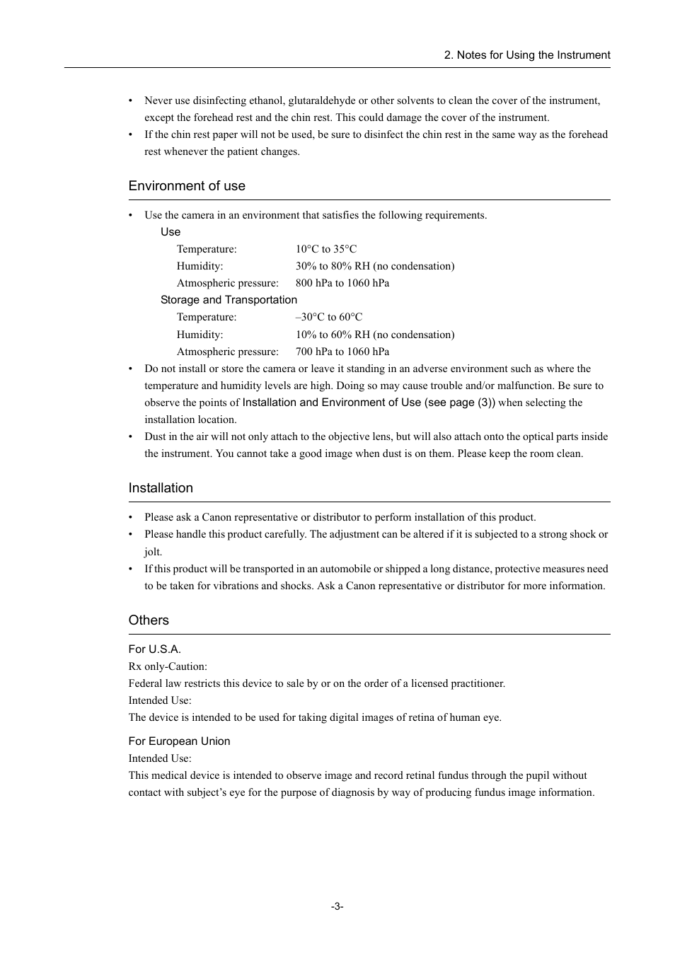 Environment of use, Installation, Others | Canon CX-1 User Manual | Page 15 / 74