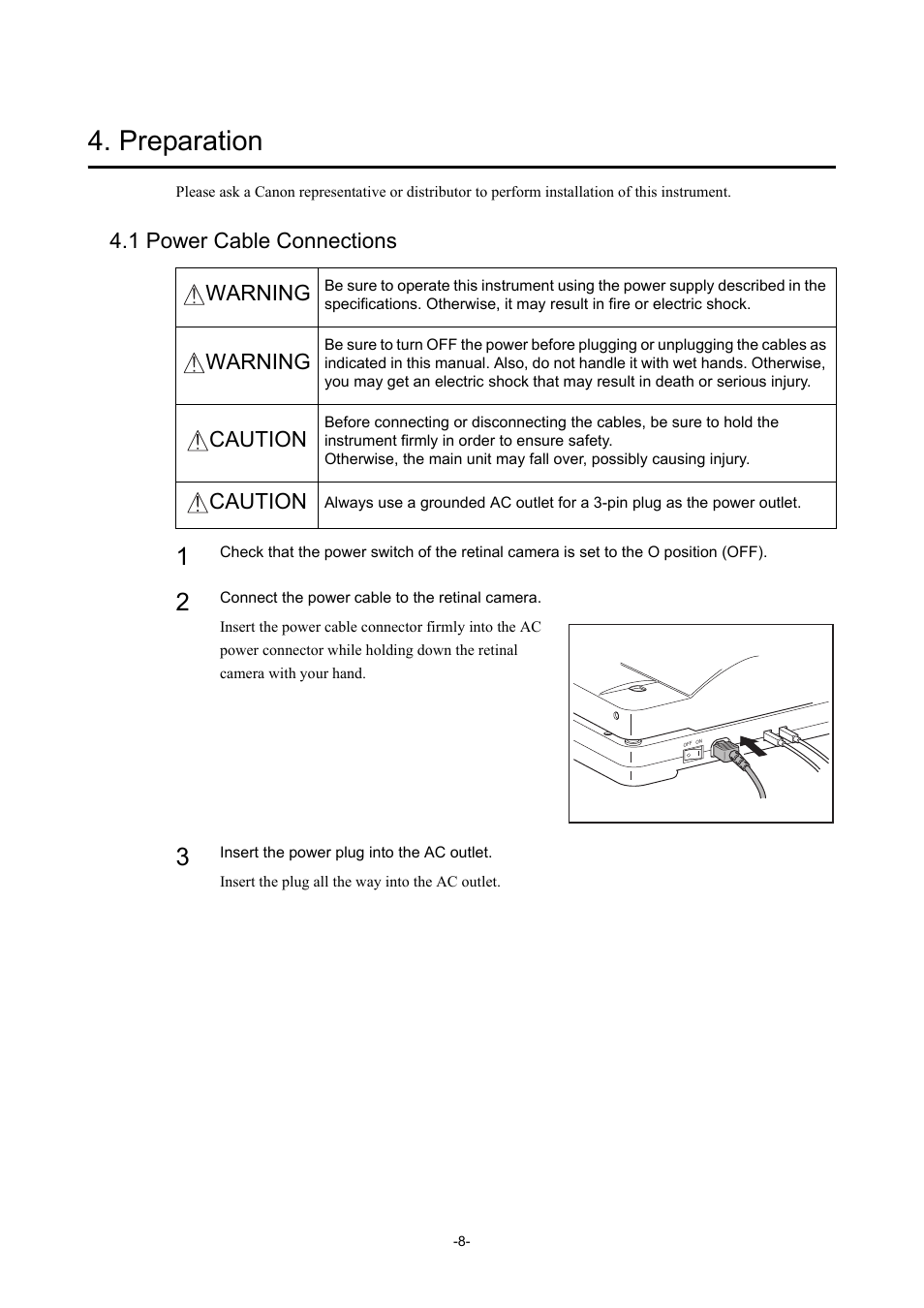Preparation, 1 power cable connections, Warning | Caution | Canon CX-1 User Manual | Page 20 / 74