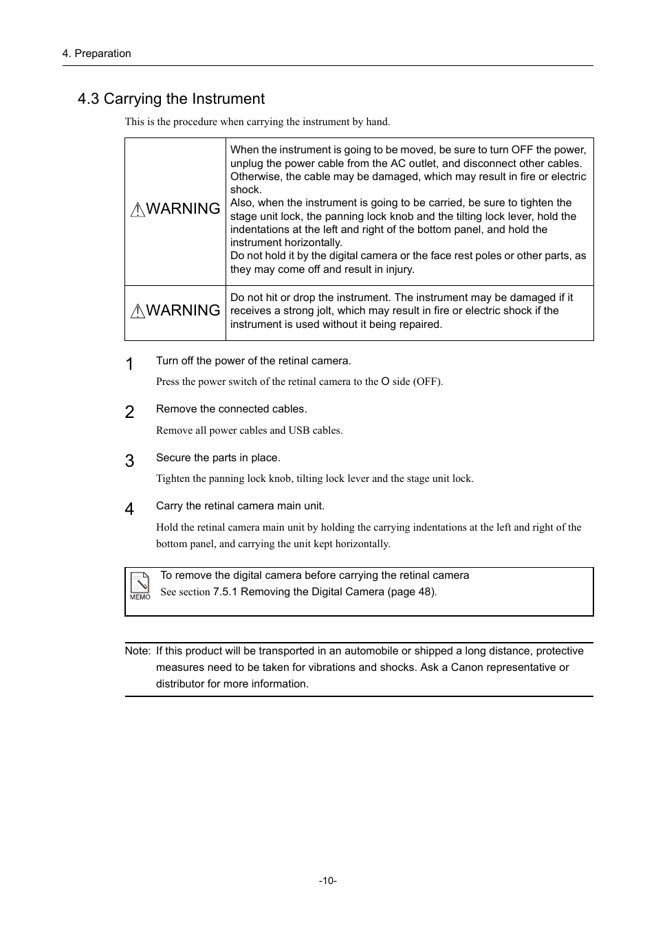 3 carrying the instrument, Warning | Canon CX-1 User Manual | Page 22 / 74
