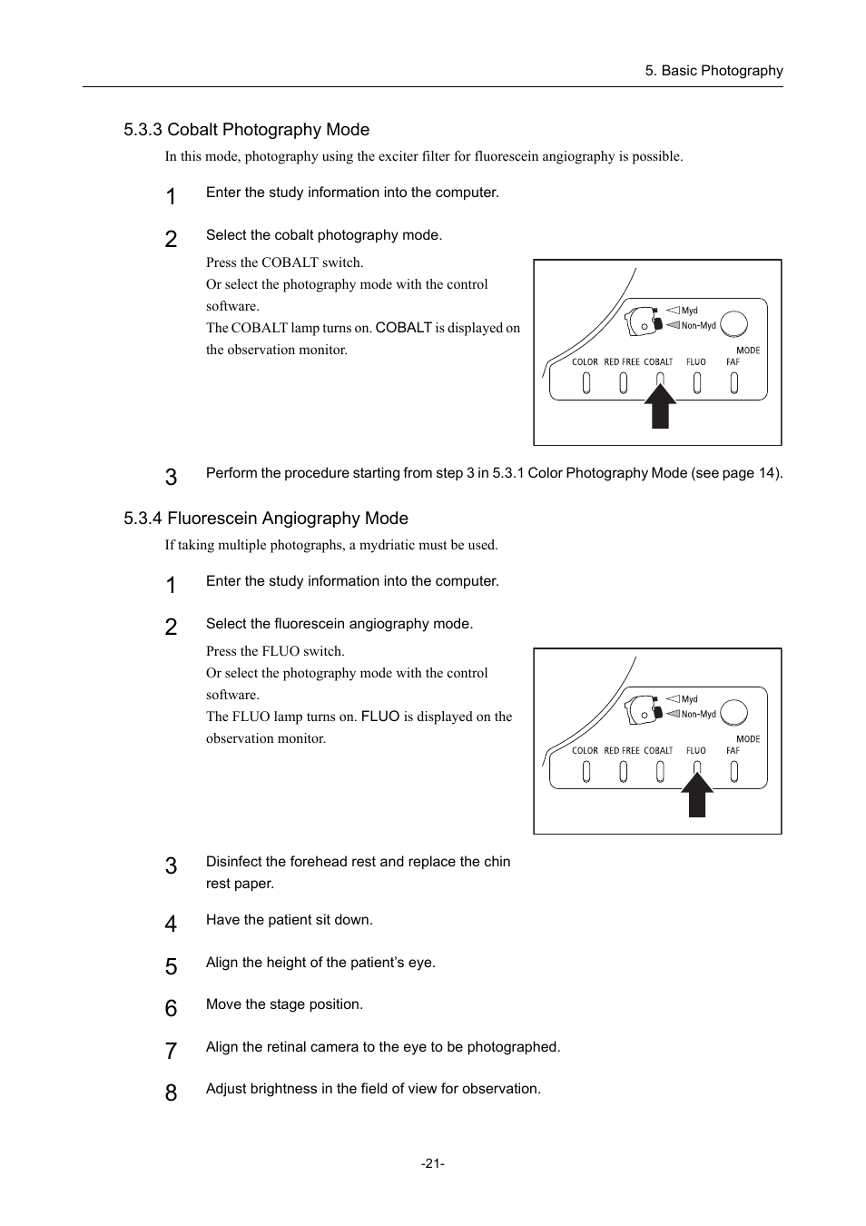 3 cobalt photography mode, 4 fluorescein angiography mode, Ge 21 | Canon CX-1 User Manual | Page 33 / 74