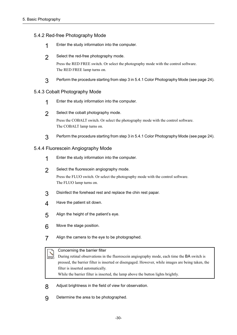 2 red-free photography mode, 3 cobalt photography mode, 4 fluorescein angiography mode | Canon CX-1 User Manual | Page 42 / 74